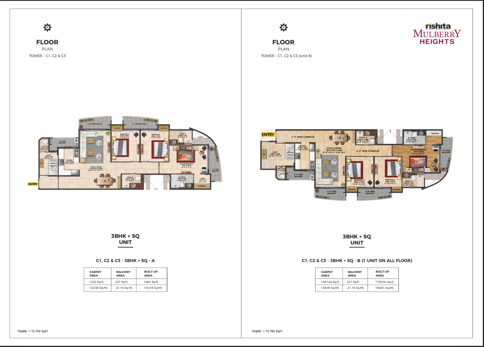 3 BHK + SQ Unit Floor Plan